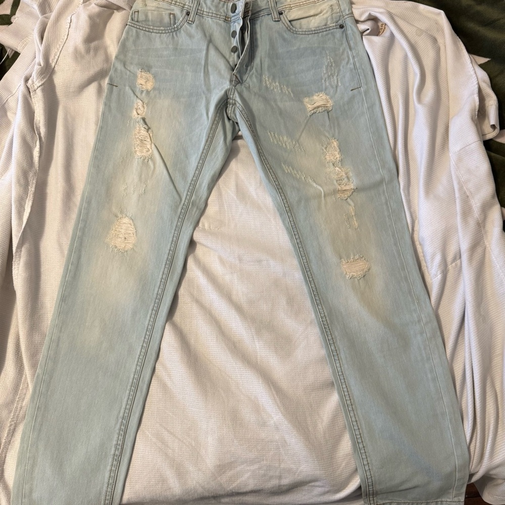 Gaudi' Blue Slim Straight Jeans Distressed Style brand new without tag